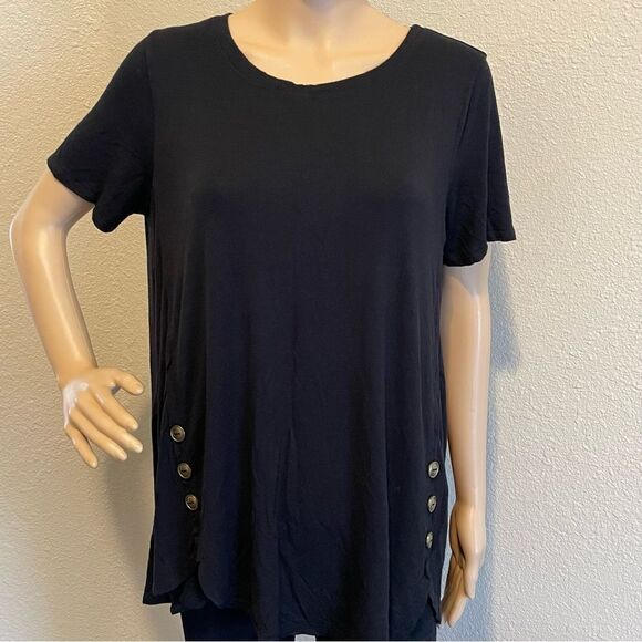 Shop Basic Black Blouse With Gold Button Detail Along Sides Size XL - Picture 2 of 11